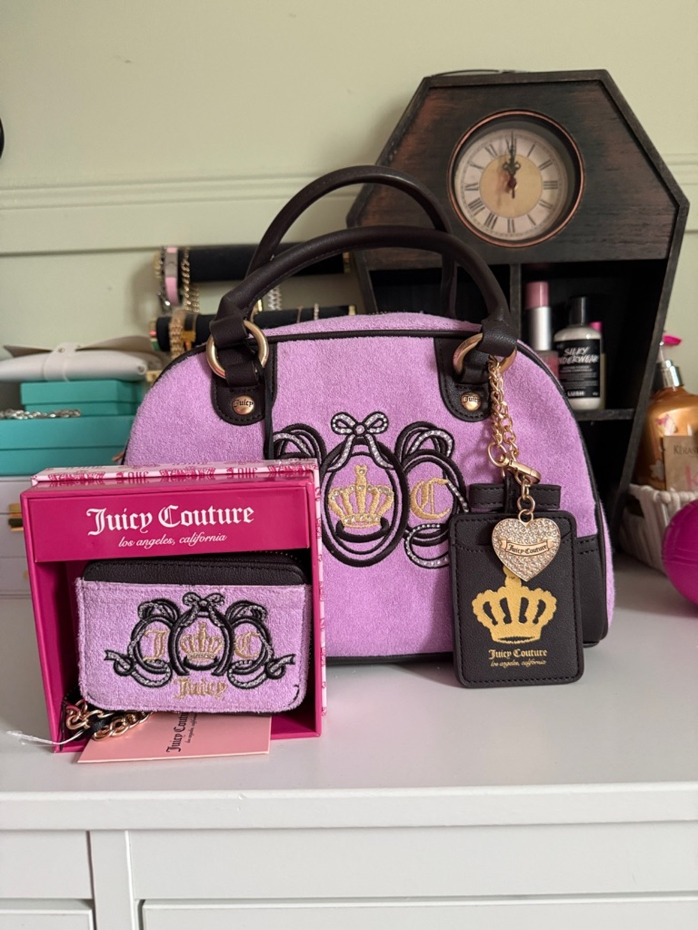 Juicy Couture Lavender Terry Satchel and Wallet Set with Gold Accents